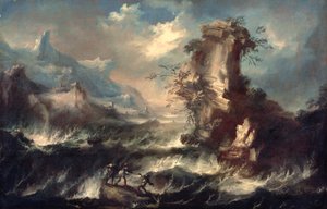 Italienska havslandskap med stenar och figurer